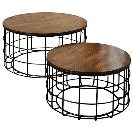 Set of 2 Industrial-Style Nesting Cocktail Tables with Solid Cherry Wood Tops